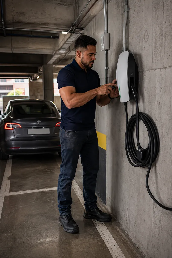 Técnico certificado RETIE instalando cargador para vehículo eléctrico en Medellín, Valle de Aburrá