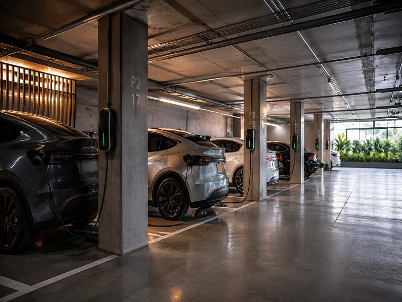 Parqueadero de conjunto residencial en Medellín con múltiples puntos de carga para vehículos eléctricos