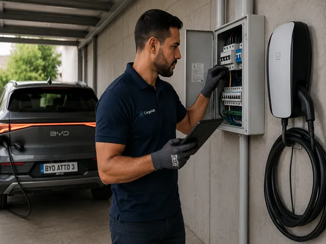Técnico RETIE evaluando tablero eléctrico para instalación de punto de carga en Medellín
